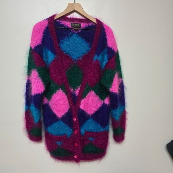 Sweaters - Premier Collection Petites‎ Multicolor Diamond Mohair Cardigan Sweater Sz M